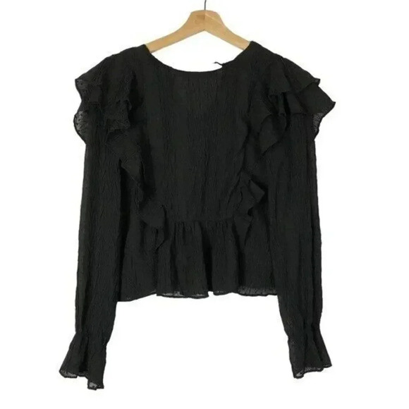 Zara Black Ruffle Long Sleeve Blouse M - Picture 1 of 4